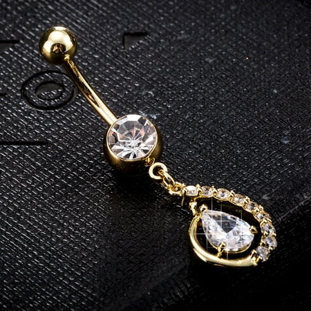 Piercing Jewelry Brass Cubic Zirconia Navel Ring Belly Rings with 304 Stainless Steel Bar Cadmium Free & Lead Free Real 18K Gold Plated teardrop Clear 42x12mm