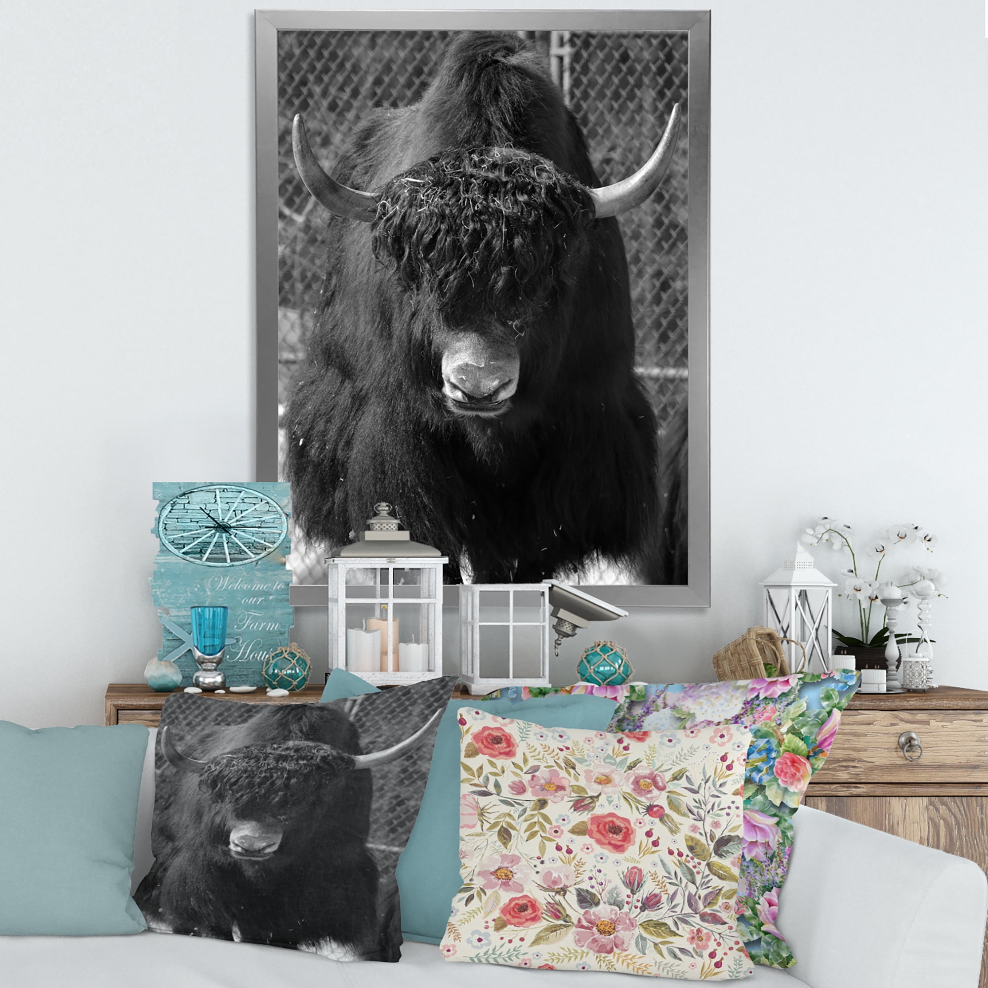 Designart 'Portrait Of Monochrome Wild Bull In Winter Forest II' Farmhouse Framed Art Print
