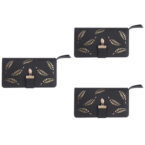 Set of 3 Leaf Zipper Wallet Holder Pouch Women's Miss Black