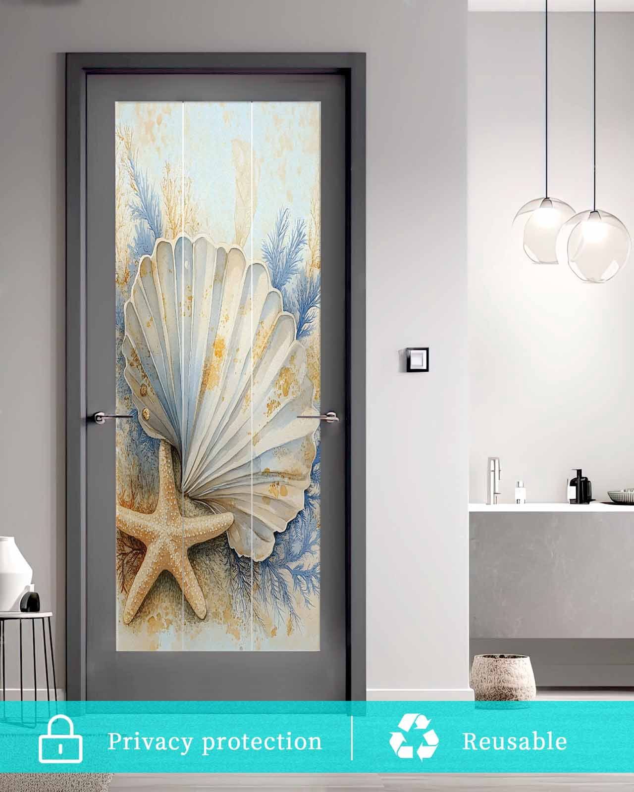 Window Privacy Film Coastal Shell Stained Glass Window Film Decorative Sun Block Window Cover Starfish Summer Beach Nautical Ocean Window Clings Static Adhesive Sticker for Bathroom 29.5"x78.7"