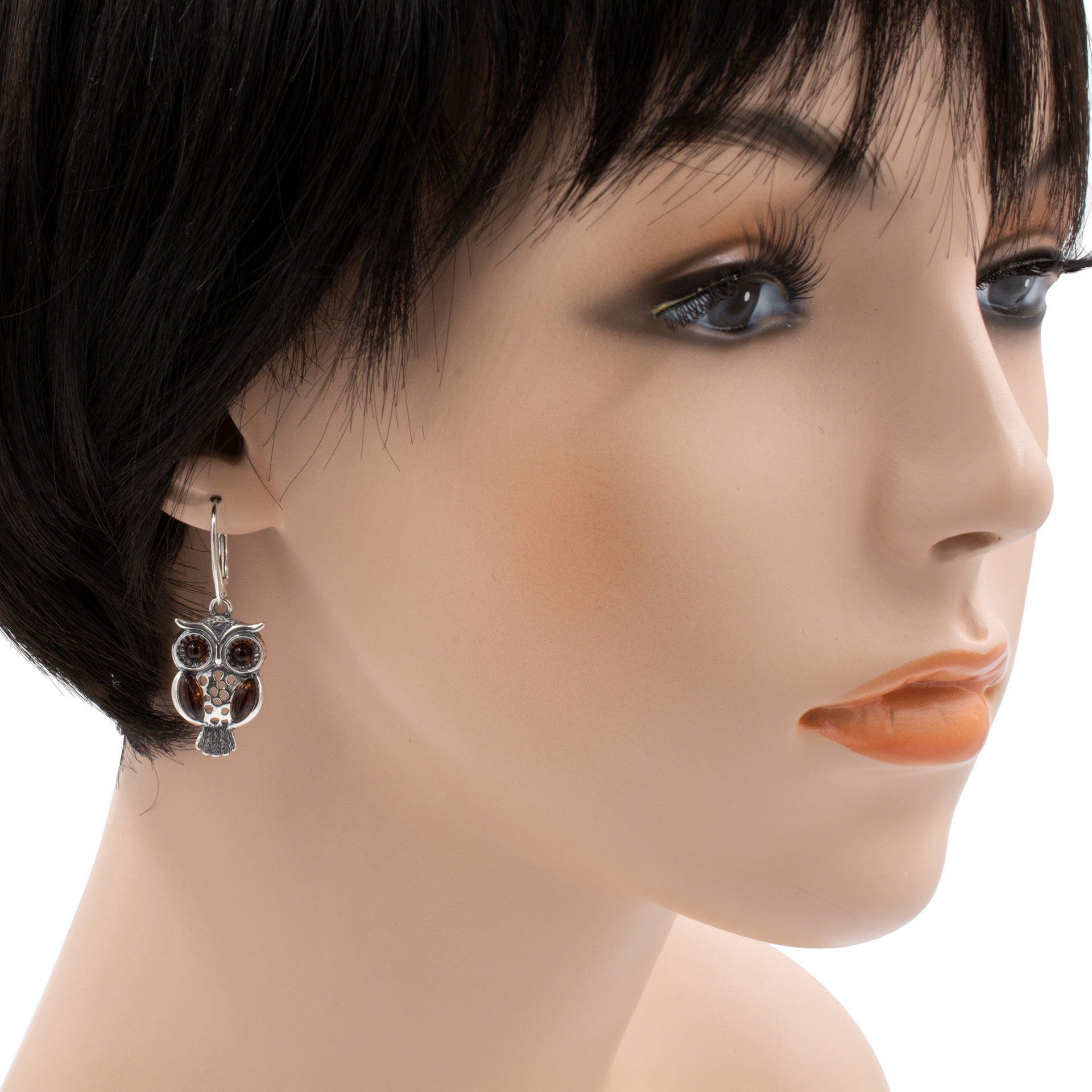 Baltic Amber Owl Drop Earrings in Sterling Silver