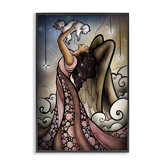 Stupell Industries Bohemian Angel with New Puppy Black Framed Giclee Art, 12 x 18, by Mandie Manzano