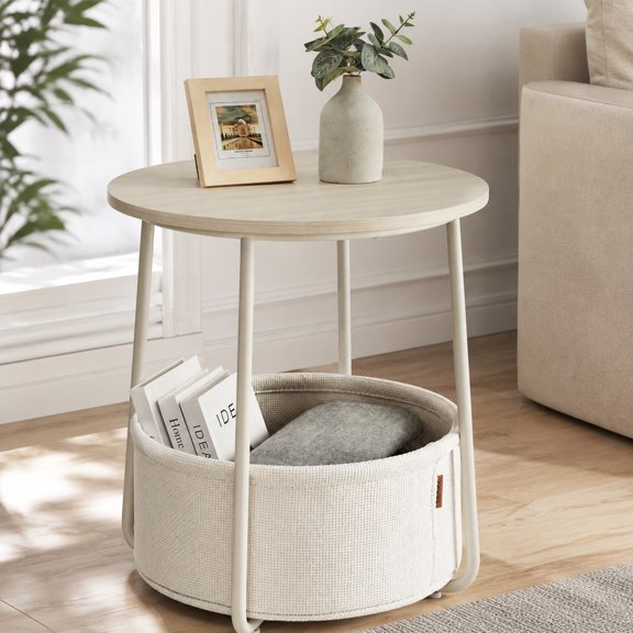 Small Round Side End Table with Fabric Basket, Modern Nightstand in Cream White, ULET223K67