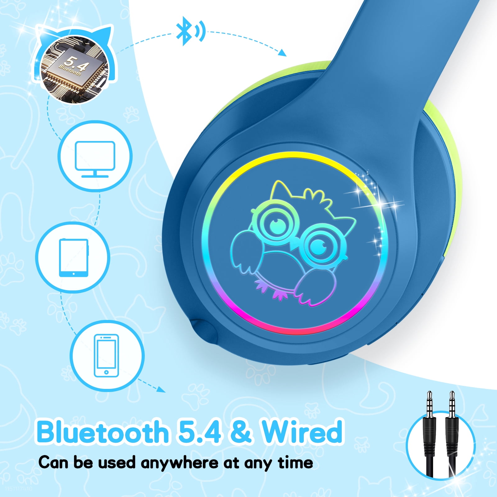 LOBKIN Headphones for Kids,Over Ear Wireless Headphones with Mic,ANC,50H Playtime,Kids Headphones for Travel/School/Tablet,Blue Green