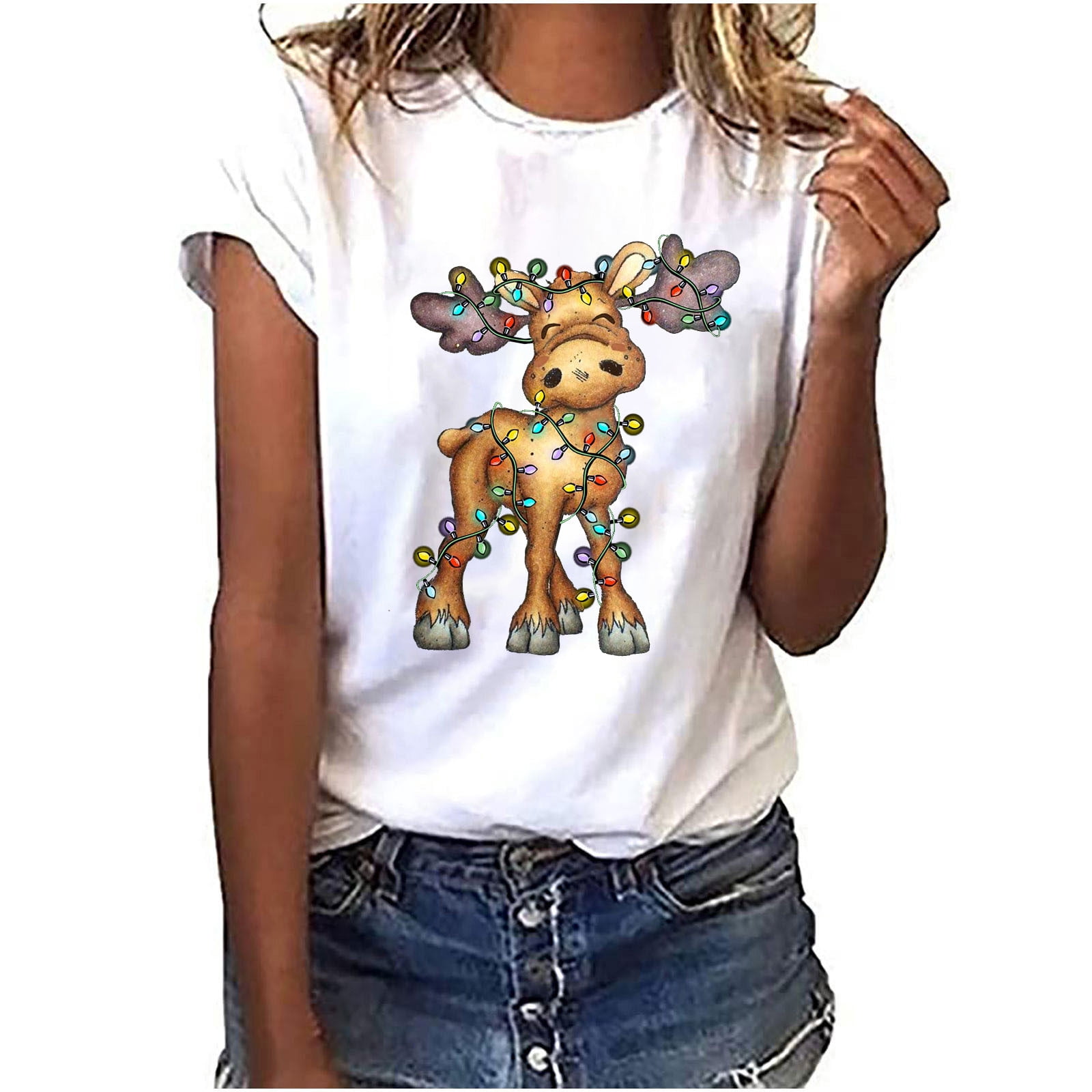 T-shirt Noël Femme Manches Courtes - Col Rond Imprimé Décontracté - Coton Confortable