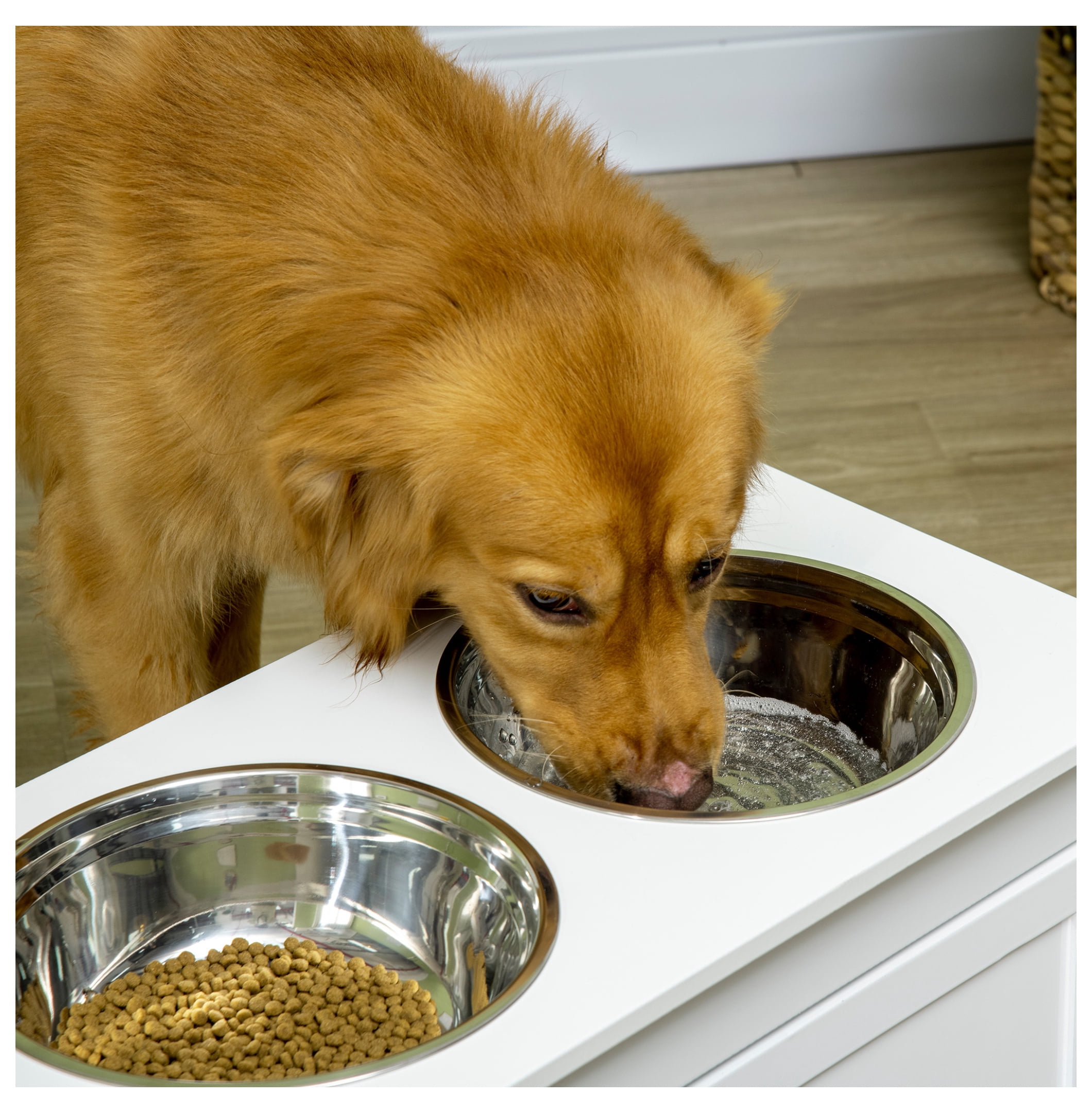 Raised Dog Bowls with Storage, Large Elevated Dog Feeder Stand, 11L Capacity, Stainless Steel Bowls, White Pet Feeding Station