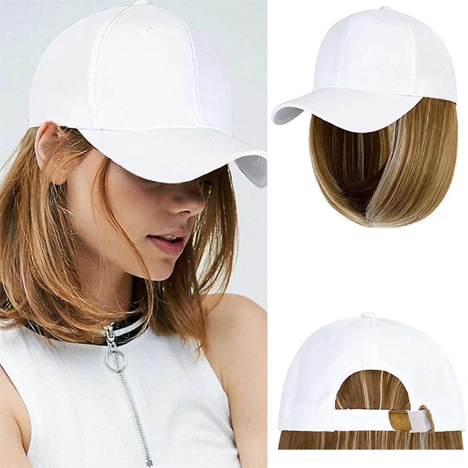YEKEYI Baseball Cap with Hair Extensions Hat Wig Adjustable Hat Attached Short Straight Synthetic Hairpiece for Women