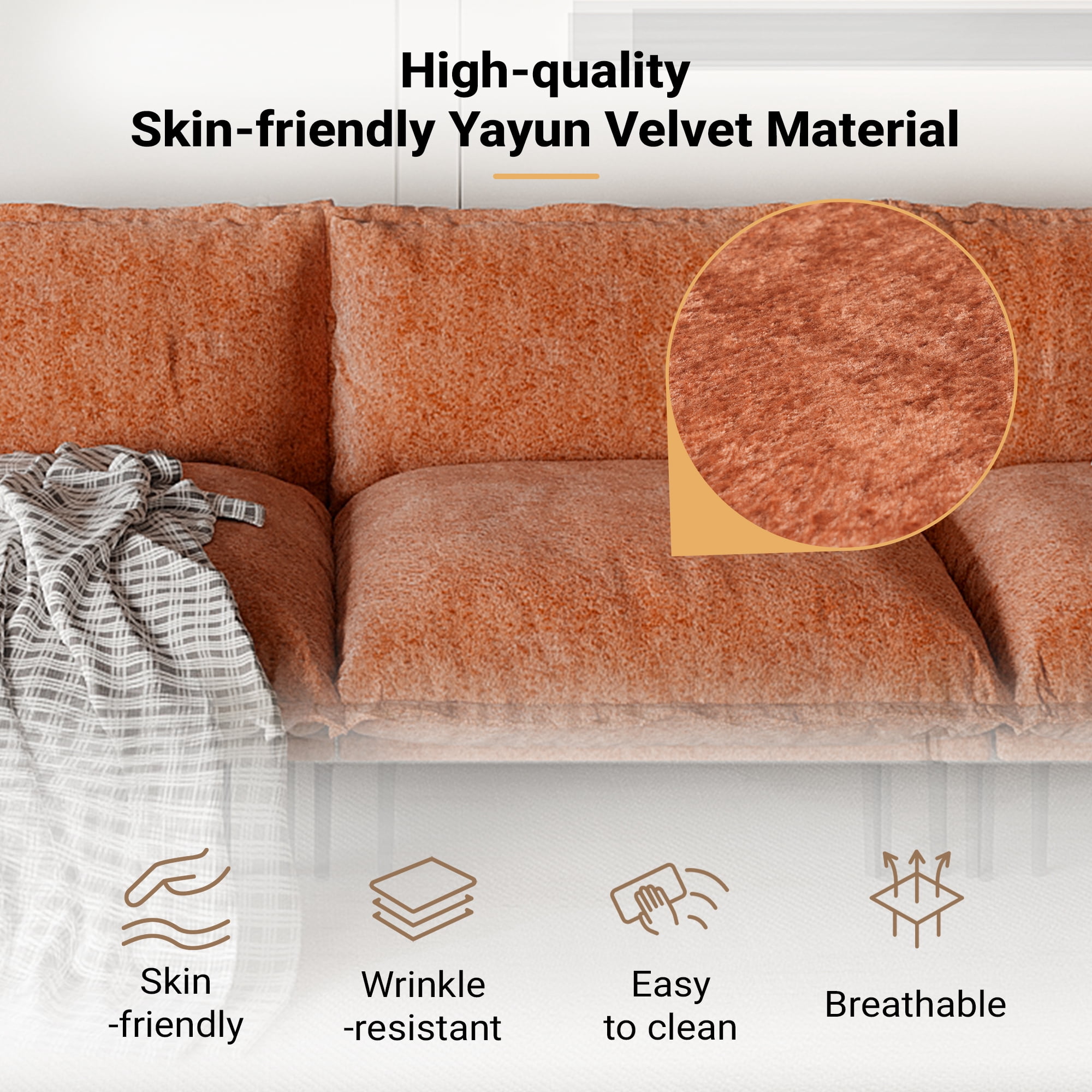 Magic Home Sectional Sofa with High Sofa Legs L-Shaped Couch Sofa Velvet Orange Couches 3 Seat Sofa U-shaped Sectional Couch, Living Room Furniture Set for Home Apartment Office Studio