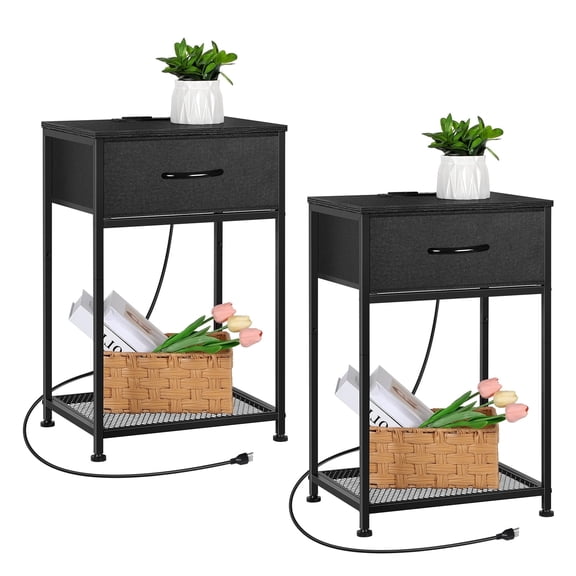 Nightstands Set of 2, Small Side Table with Charging Station, Bedside Table with Fabric Drawer for Bedroom, Living Room, Black, End Table