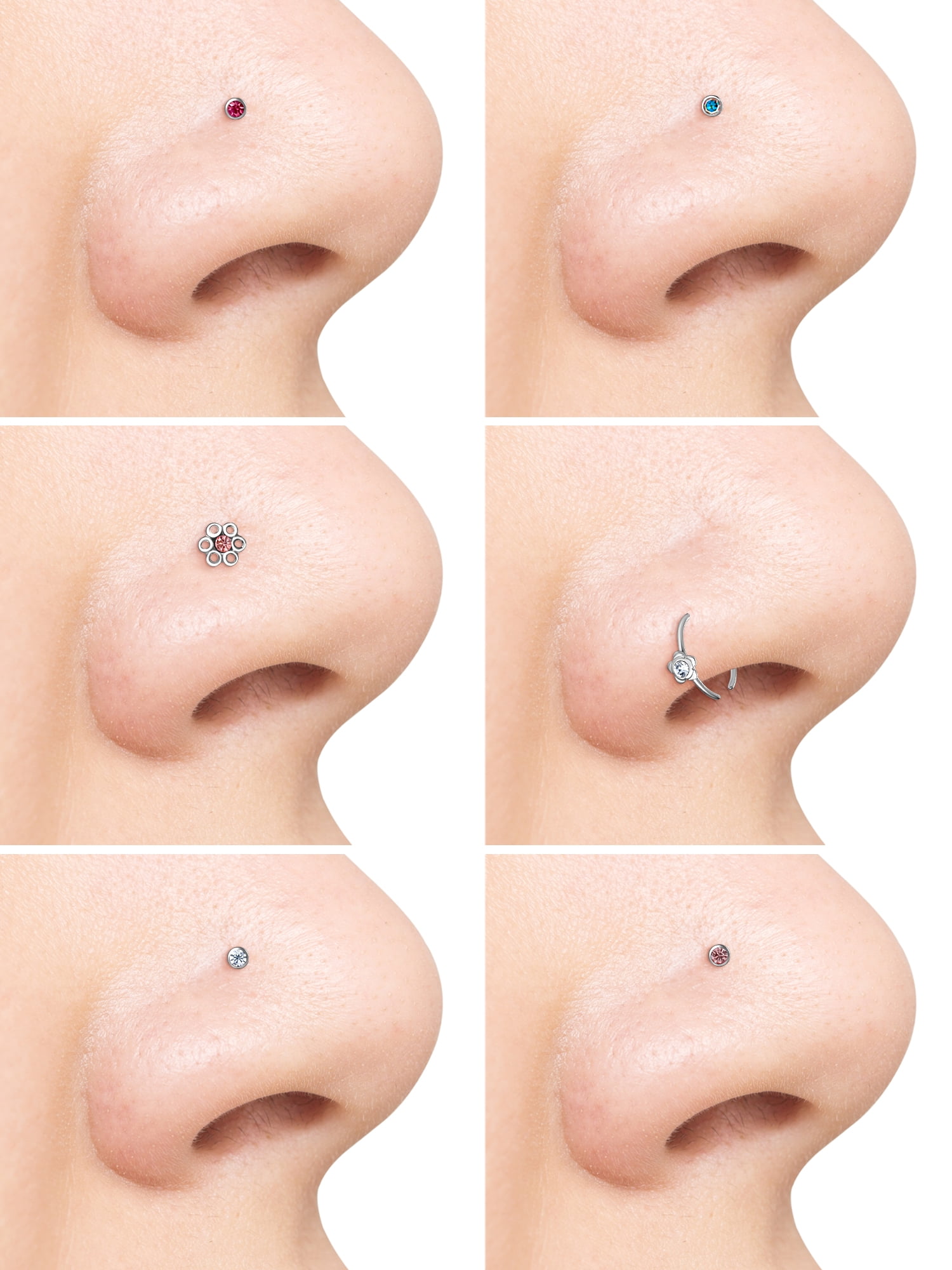 Body Jewelry Women's 16G Pink Crystal Flowers Nose Studs & Hoop, 6 Pack