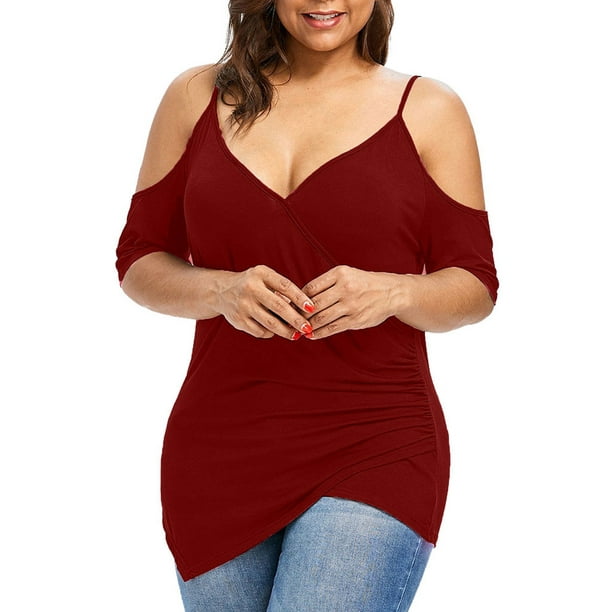 Bseka - Bseka Plus Tops for Womens Deep V Off Shoulder Blouse Cutout Asymmetric T Shirts Solid Color Tunics - Walmart.com - Walmart.com