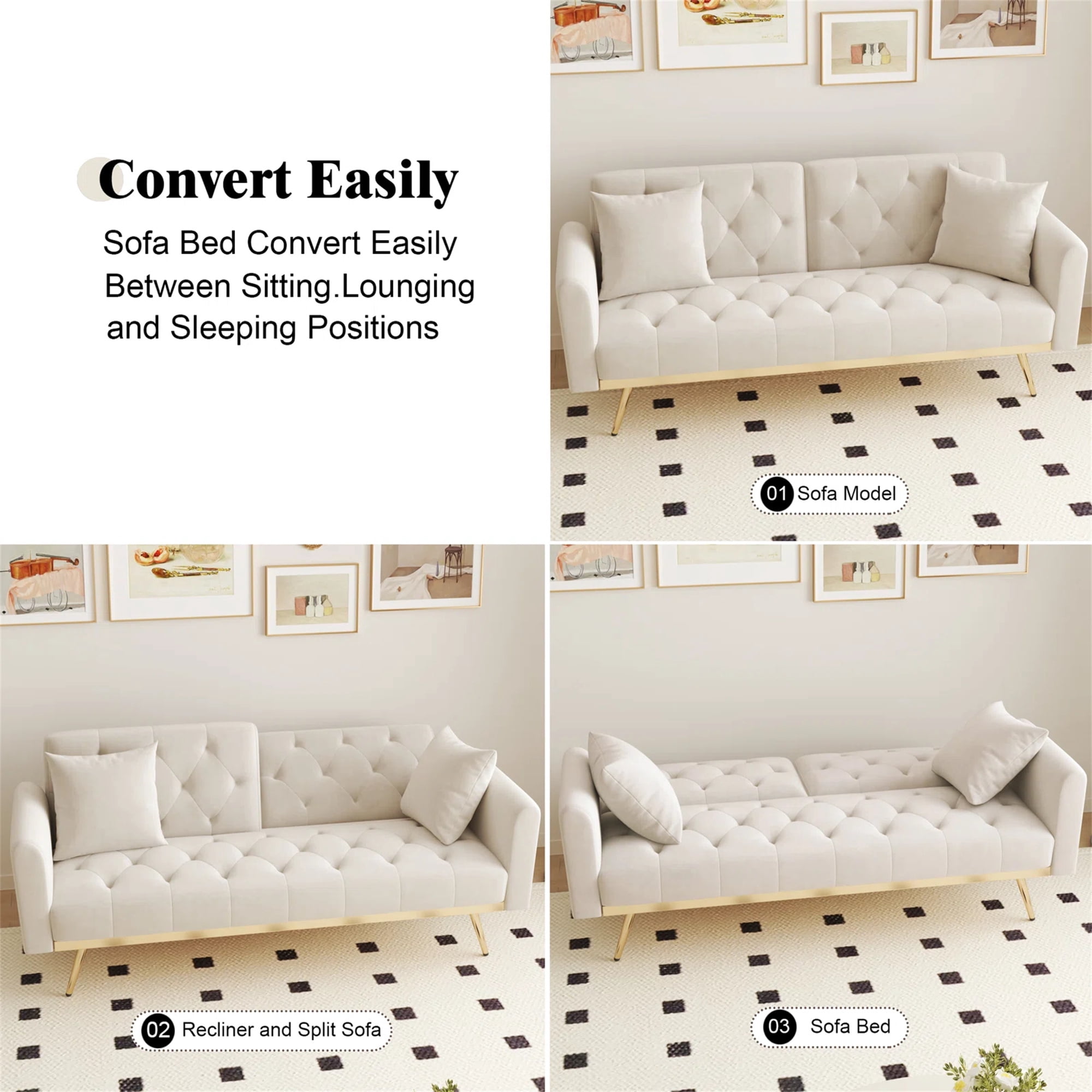Aukfa Velvet Futon Convertible Sofa Bed for Home Office, 2 Pillows, Upgraded Metal Base, Beige