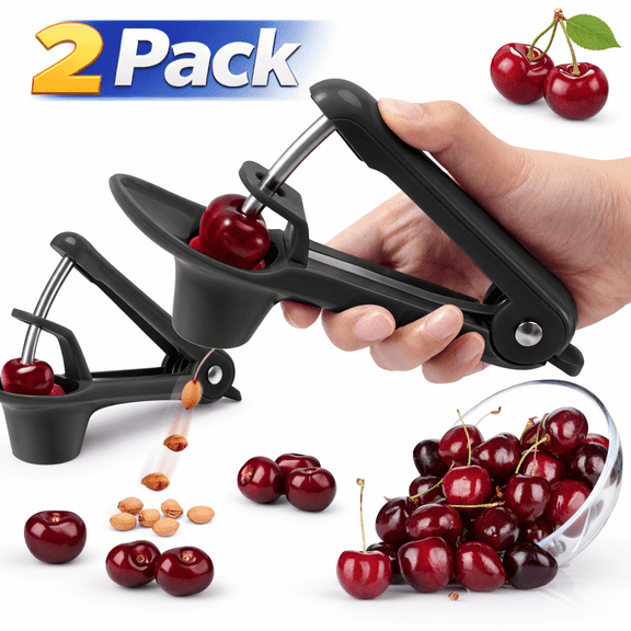 2 Pack Cherry Pitter Tool, Heavy Duty Stainless Steel Cherry and Olive Pitter, Easy One-Hand Fruit Corer Remover with Locking Design, Black