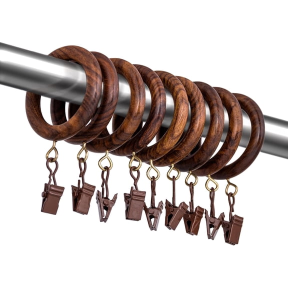 Handcrafted Rosewood Curtain Rings with Clips – 2.5" Outer, 1.75" Inner Diameter – Smooth Wooden Drapery Rings with Metal Clips for Curtain Rods and Drapes - Pack of 24
