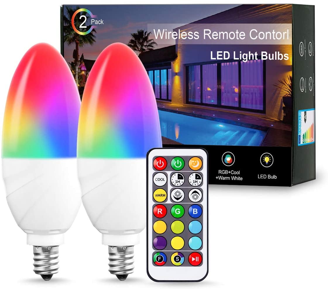 E26 LED Light Bulbs RGB Color Changing 5W A19 Cool White Bulb with Remote 2 Pack 