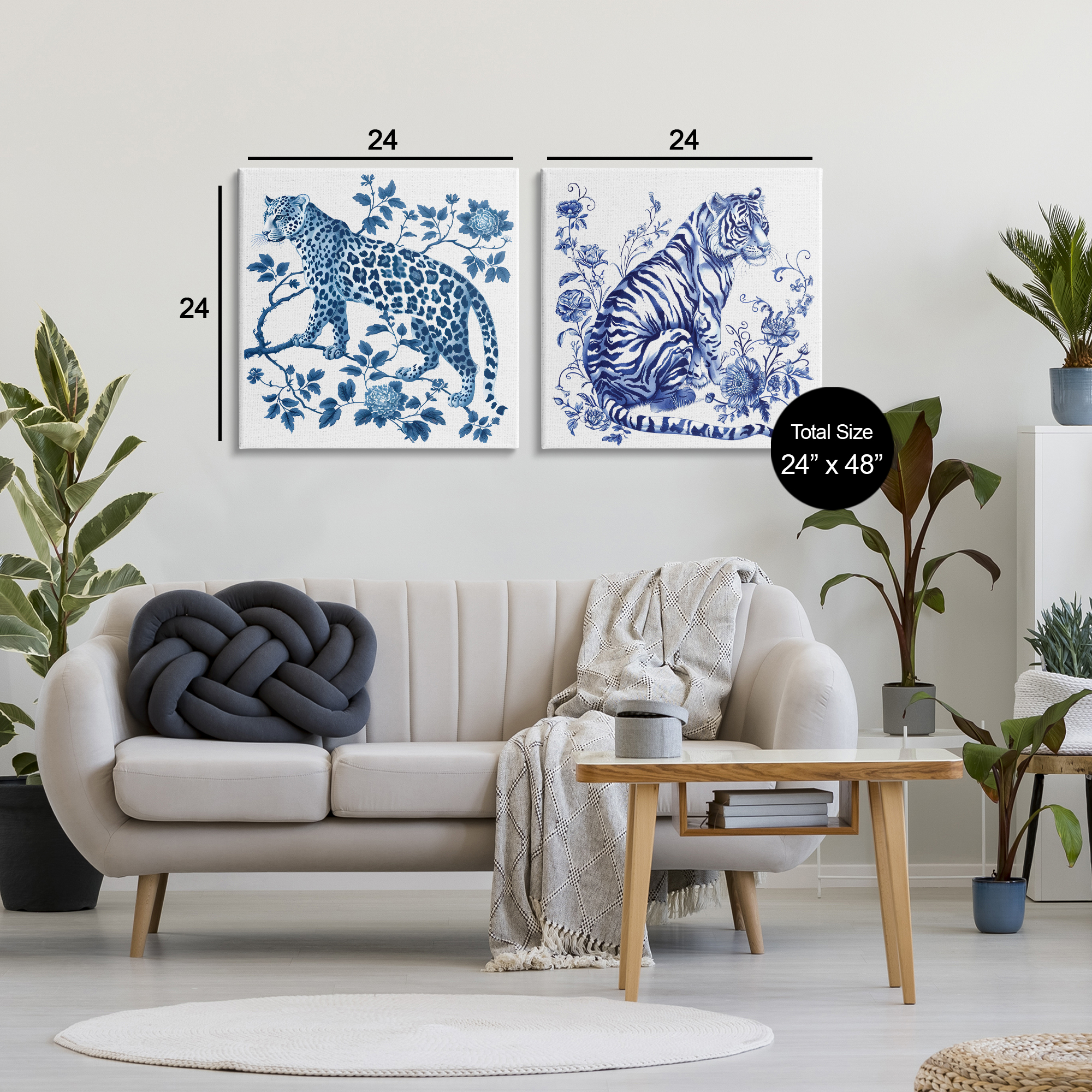 Ornate & Detailed Large Cats 2 Piece Canvas Wall Art Set, design by Lettered and Lined