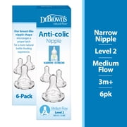 Dr. Brown's Natural Flow Level 2 Narrow Baby Bottle Silicone Nipple, Medium Flow, 3m+, 100% Silicone Bottle Nipple, 6 Pack