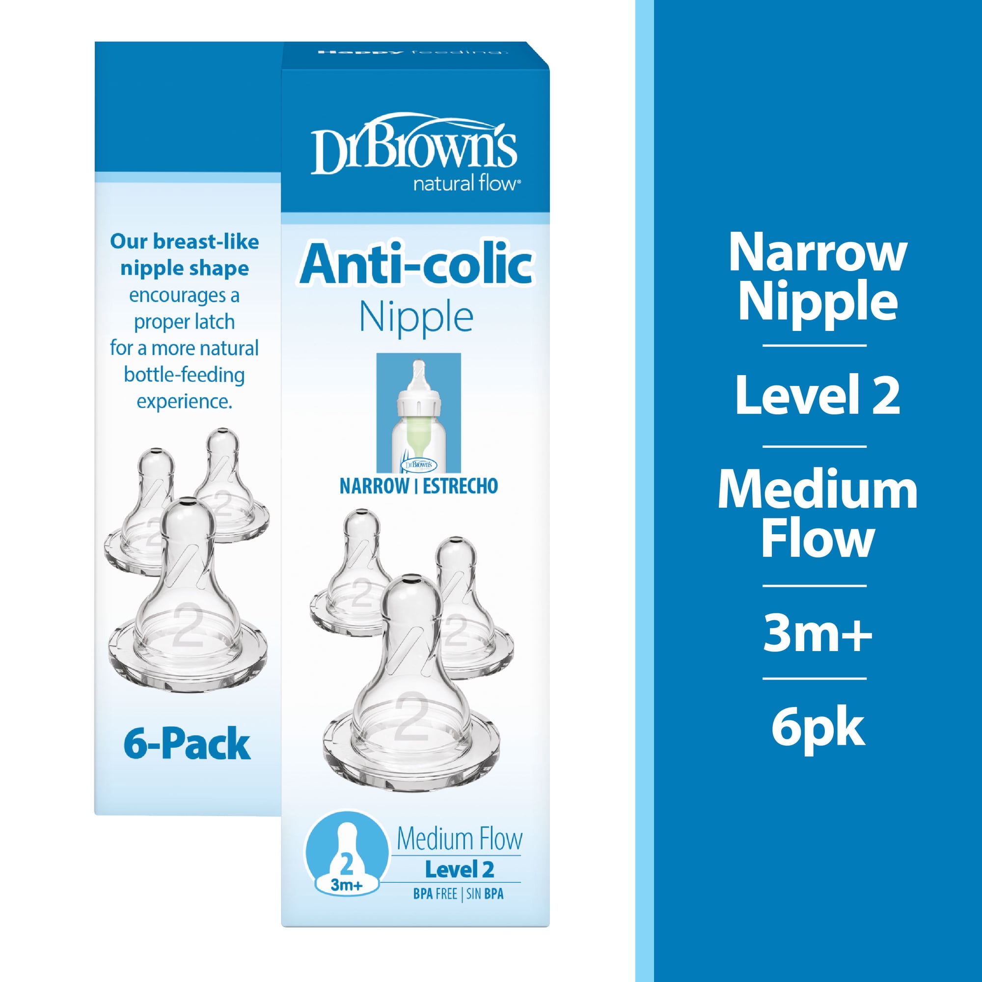 Dr. Brown's Natural Flow Level 2 Narrow Baby Bottle Silicone Nipple, Medium Flow, 3m+, 100% Silicone Bottle Nipple, 6 Pack