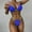 Blue, variant on CALAFEBILA Women Bikini Retro Ruched Floral Printed No Rims Padded Bra Surfing Mother's Day Split Summer America Halter Show Waist Swimsuit for Women