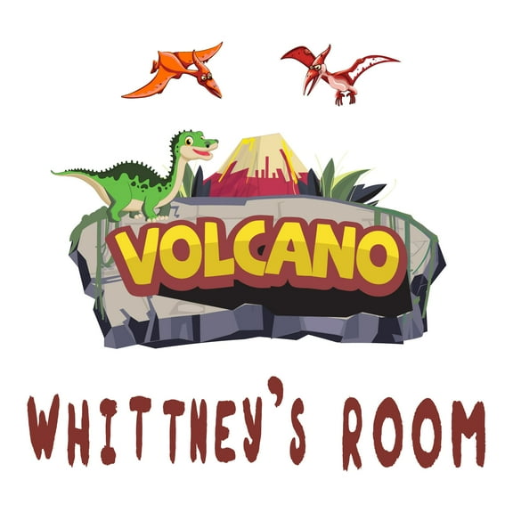 Custom Name Lettering prehistoric Dinosaur ArtWall Decal Decoration Volcano Joyful Cartoon Cartoon Animals Decorating Ideas for Child's Bedroom Size: 10 In(W) x 9 In(H)