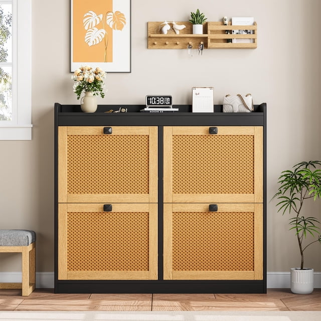 AKDSteel Shoe Cabinet With 4 Deep Flip Drawers, Freestanding Wooden Shoe Storage Cabinet With Rattan Door And 3-Tier Adjustable Shelves, Shoe Organizer For Entryway And Hidden Shoe Rack For Hallway