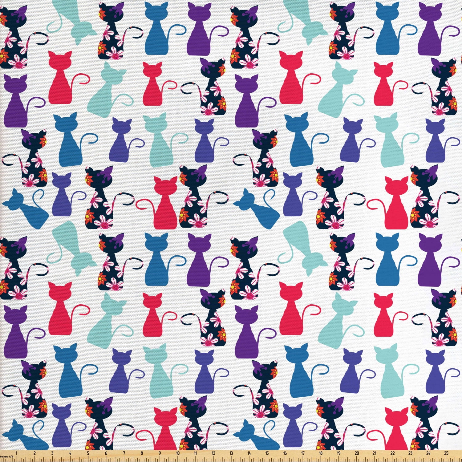 Cat Print Fabric by The Yard, Baby Animals in Colors with Flowers Funny Kittens Pattern Print