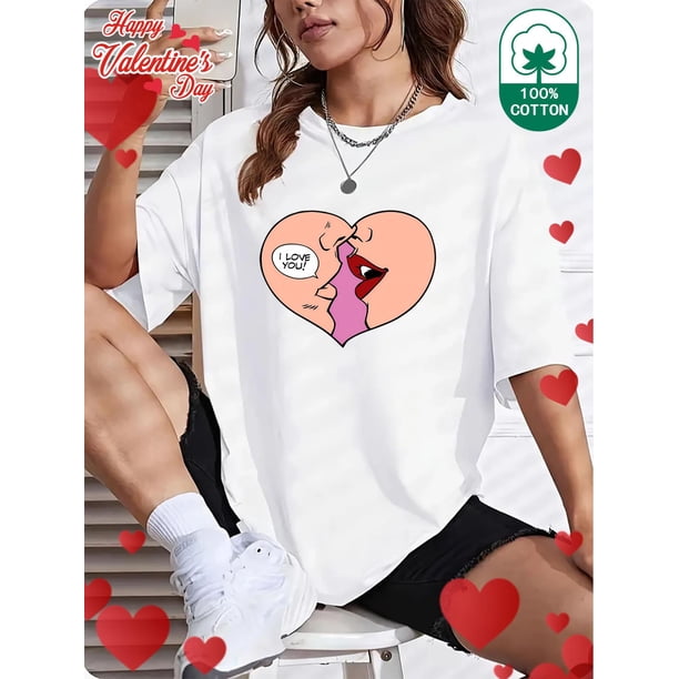 Happy Valentine's Day 100%cotton T-Shirt for Women - Casual Crew Neck, Short Sleeve with Cute Cartoon Couple Tee For Adult, Men, Women, Teen, Teenager, Adolescent, Youth