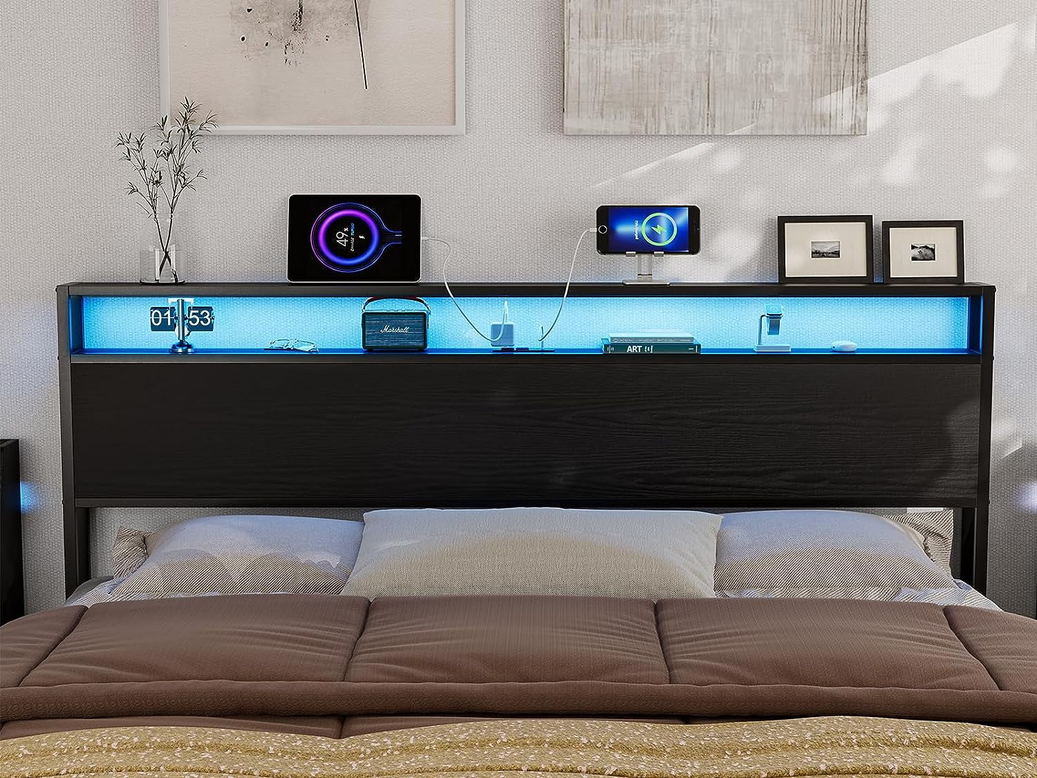 ARICOEASY King Size Storage Headboard with LED Lights & Charging Station, Modern King Headboard for Bedroom, Black