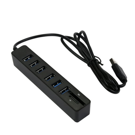 Deyuer USB Hub with Long Cable 6 Ports Big Expansion Plug And Play Hot Swappable Data Transfer ABS Card Reader SD/TF Data Hub for Laptop