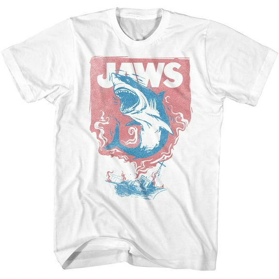 Jaws Shark & Boat Fire White Adult T-Shirt