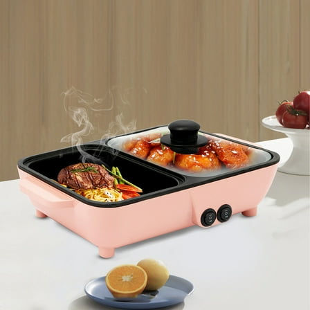 Pink Rectangular 2 in 1 Electric Hot Pot Kitchen Smokeless Non-stick Baking Pan BBQ Grill