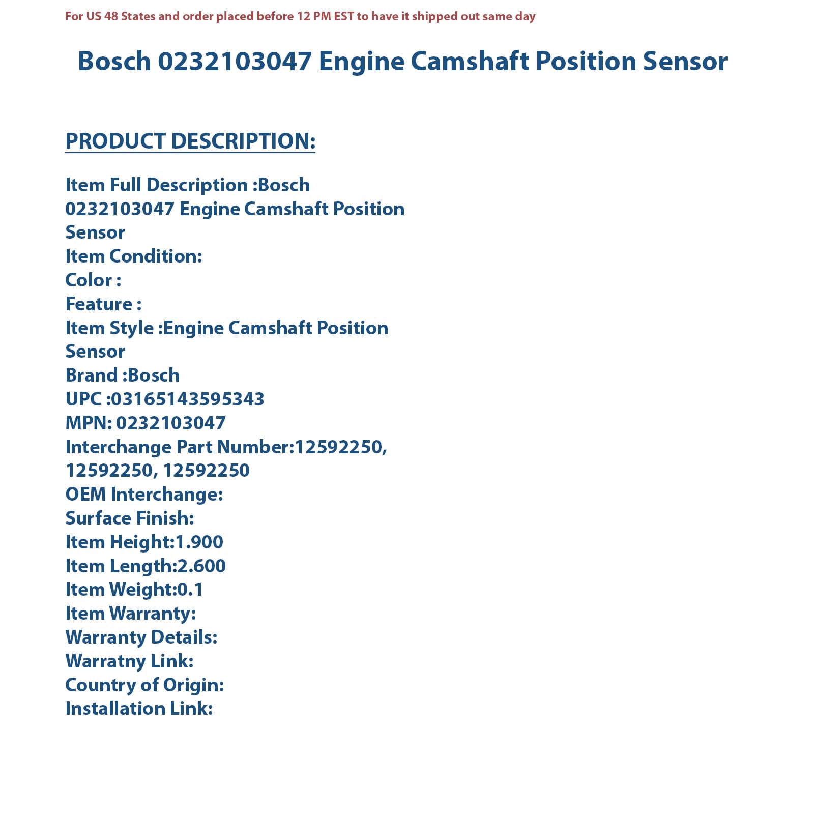Bosch 0232103047 Engine Camshaft Position Sensor