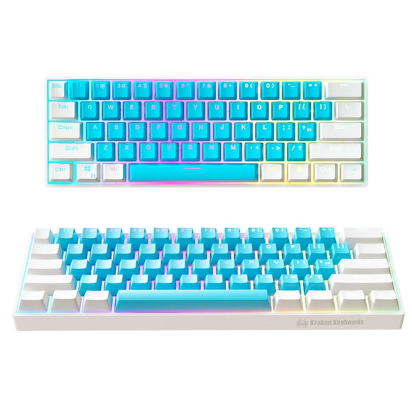 KRAKEN KEYBOARDS Pro 60 Percent Keyboard 60% Gaming Keyboard Mechanical - White & Blue - HOT SWAPPABLE - for Gaming On PC Xbox PlayStation & MAC (ICE | Silver Switches)