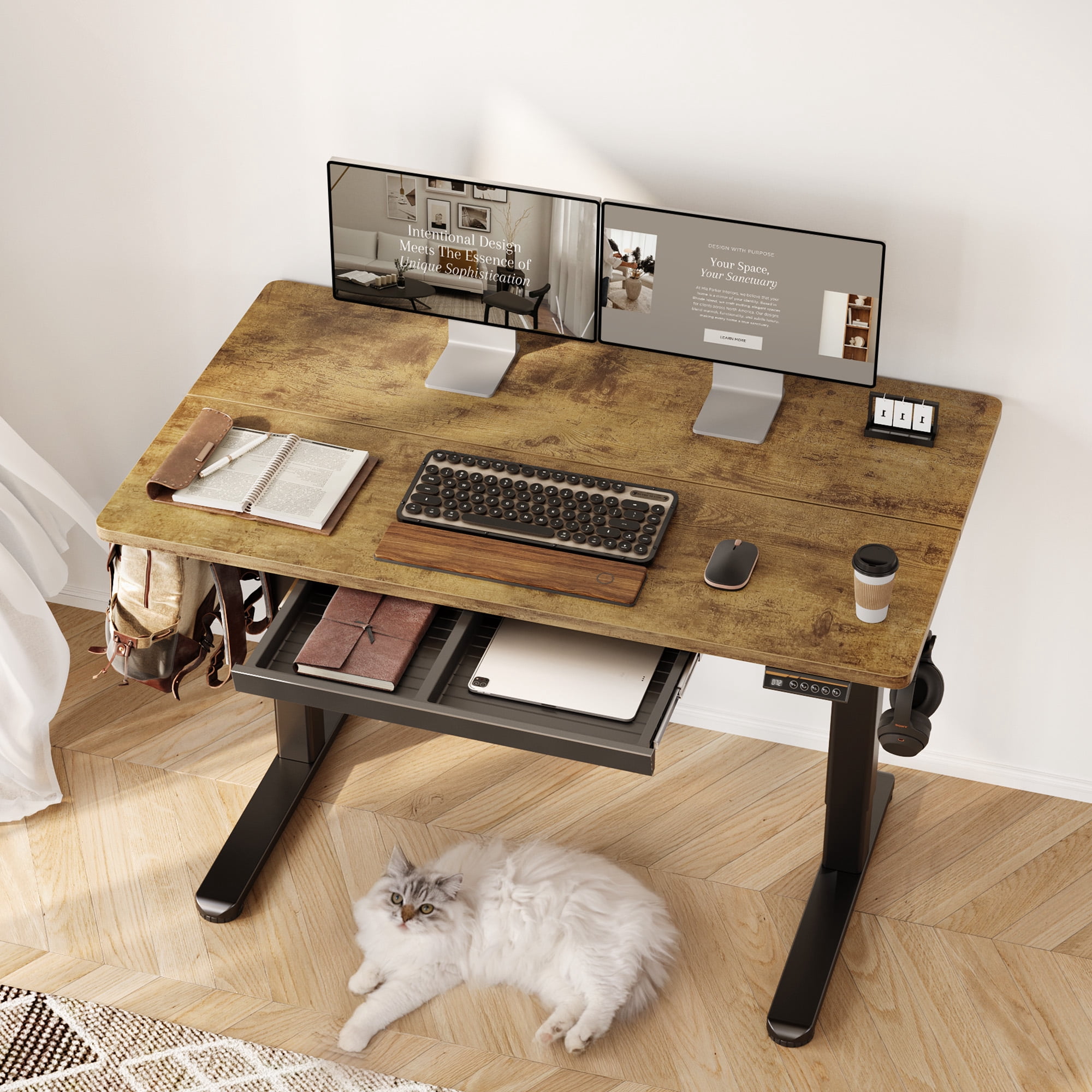 INNOVAR Standing Desk with Drawers, 48 x 24 inches Electric Standing Desk Adjustablei Height, Sit to Stand up Desks Computer Workstation, Rustic Brown