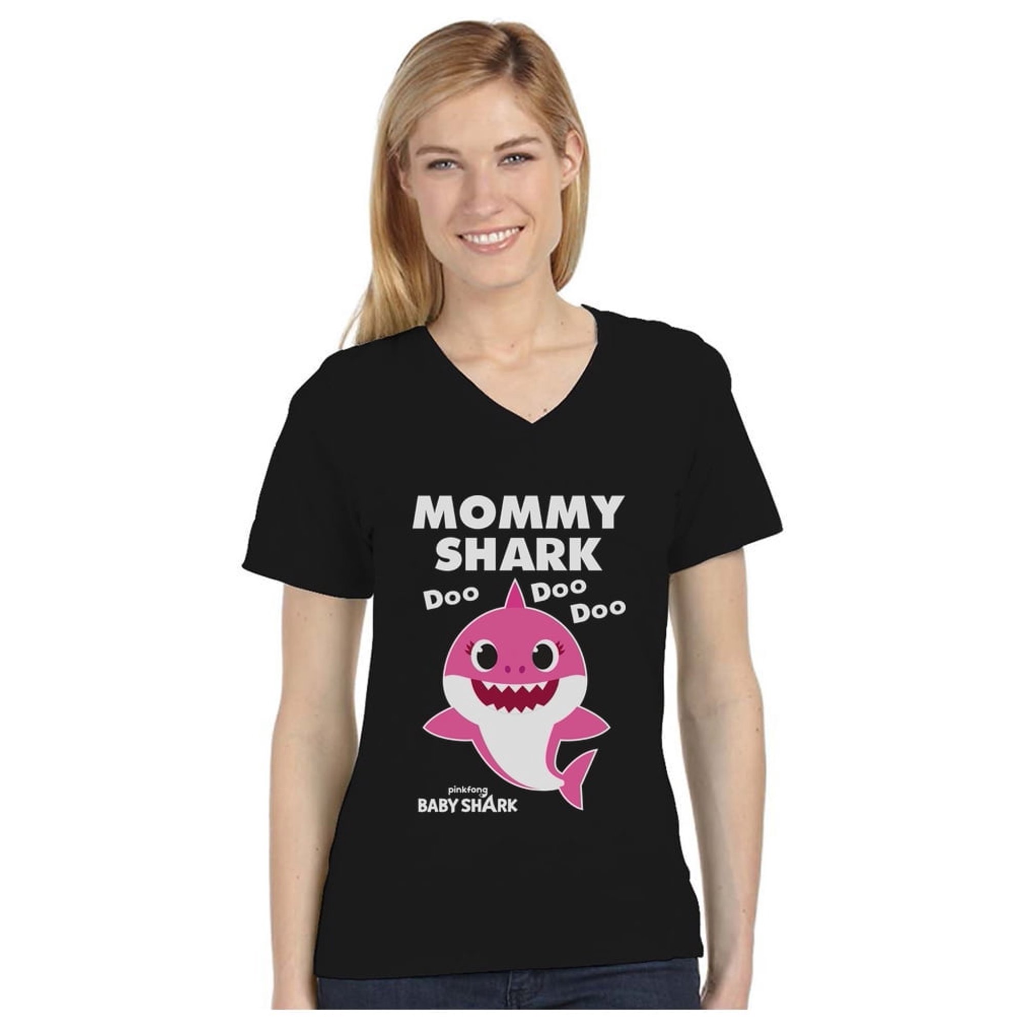 Mommy Shark Shirt Baby Shark Doo Doo Doo V-Neck Fitted Women T-Shirt Medium Black