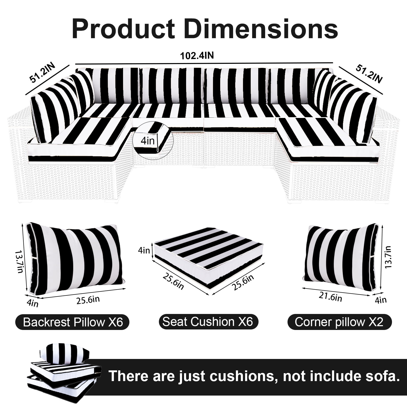 XXLYY Outdoor Replacement Cushions for Patio Furniture, 14 Piece Patio Sectional Cushions, 4" Water-Resistant Replacement Sofa Cushions Fits 6-seat Rattan Conversation Set