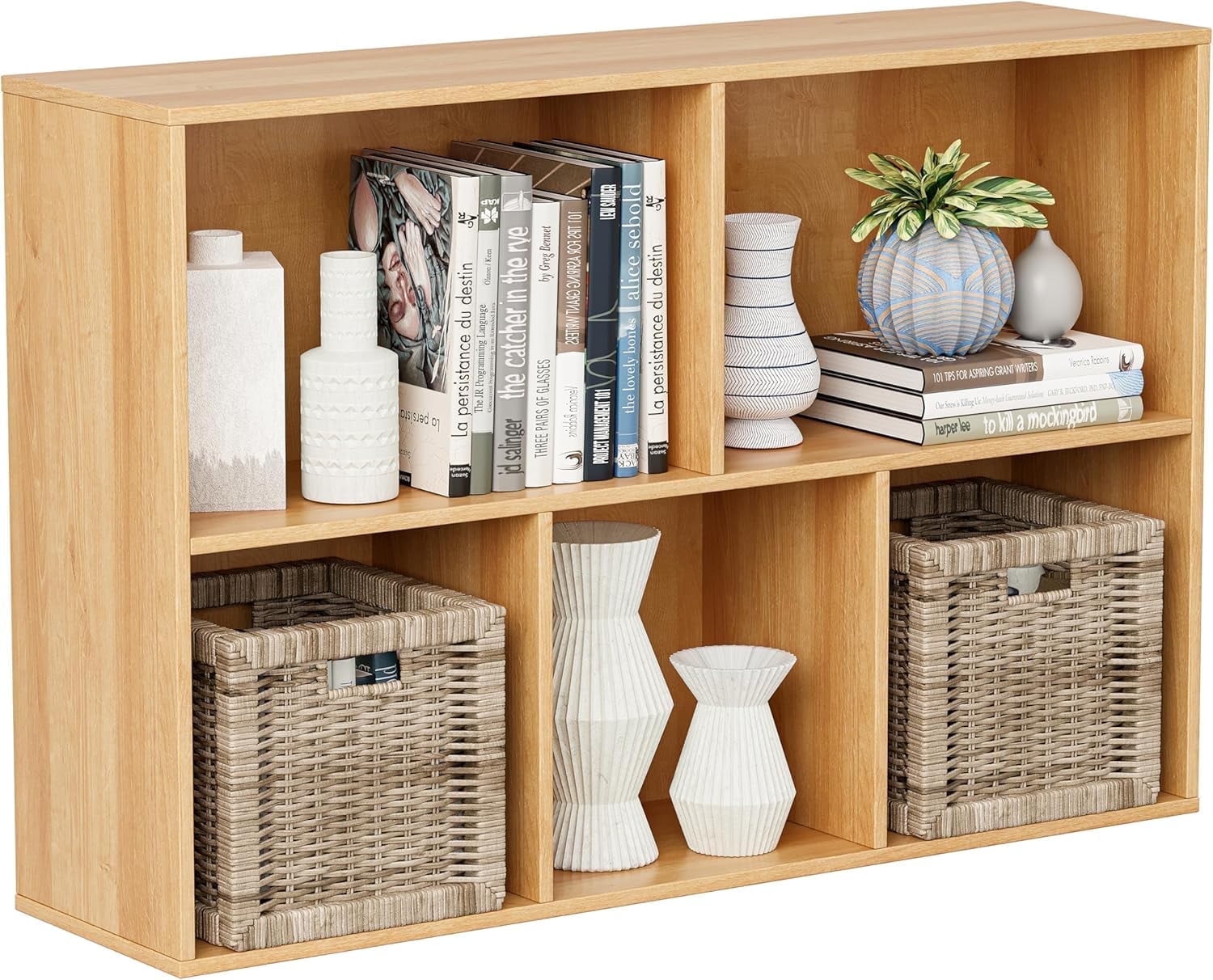 Anhdah 5 Cube Storage Organizer, Cube Bookcase Closed Back Panel Bedroom, Living Room, Home Office, Closet Bookshelves Natural Oak
