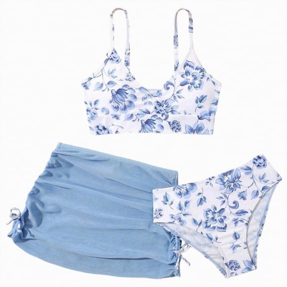 mgoYE Girl Swimsuit Size 10-12 Bikini Girl's 3 Piece Swimsuits Floral High Waisted Bikini Bathing Suit with Mesh Coverups Skirt(Blue,13-14 Years)