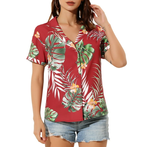 CAMISAS DE MUJER INSPIRAR CHIC Hawaianas de Manga Corta Tropical Floral con Botones S Rojo