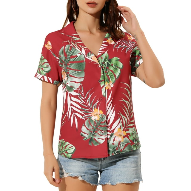 INSPIRE CHIC Chemises pour Femmes Hawaïennes à Manches Courtes Tropicales à Fleurs Boutonnées Hauts S Rouge