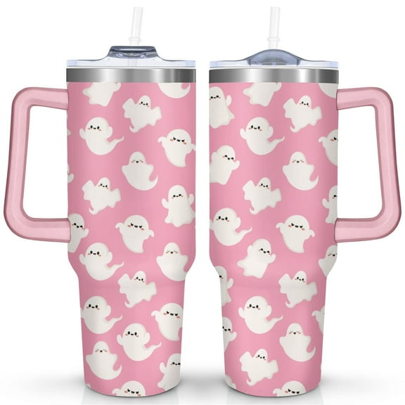 Halloween 40oz Insulated Stainless Steel Tumbler - Ghost & Witch Design,Spill-Proof Lid,Handle & Straw,Travel Coffee Cup,Boo Gift for Women Men (1PC)