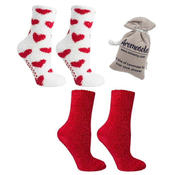 MinxNY Women's Non-Skid Warm Soft and Fuzzy Lavender Infused 2-Pair Pack Slipper Socks with Lavender Sachet Gift, Hearts, Red