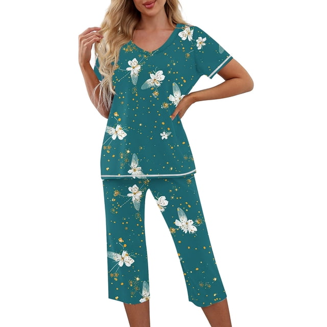 Pantalones de Mujer Traje de Ocio de Manga Corta con Cuello en V Y Pantalones Recortados Set de Impresión para Casual Y Deporte