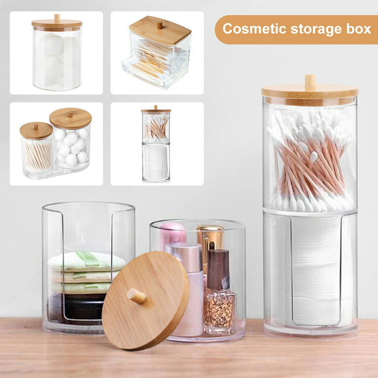 Evideco White Cotton Pad and Q-Tip Holder Padang with Bamboo Top - Organize in Style, Bathroom Vanity Organizer