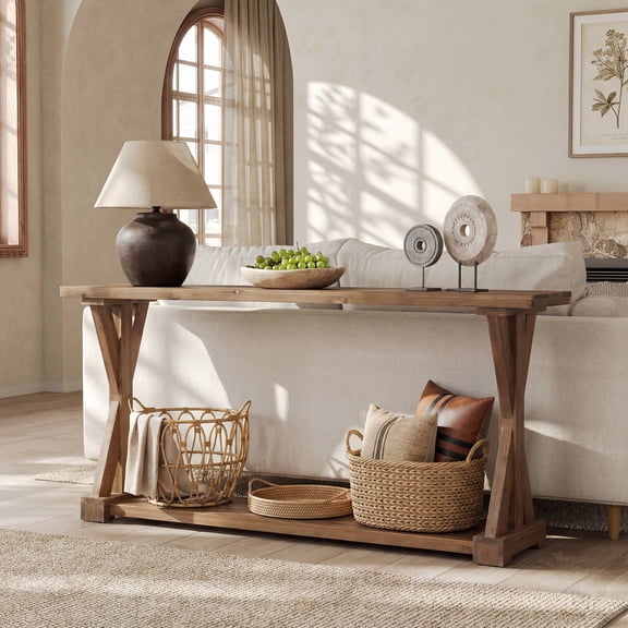 Finmind 63" Solid Wood Console Table, 2-Tier Narrow Farmhouse Sofa Table for Entryway, Hallway, Living Room, Rustic Brown