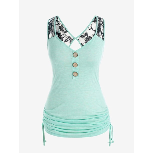 Tank Top de Escote Pico con Panel de Encaje de Talla Grande Rosegal Camisetas sin mangas de talla grande