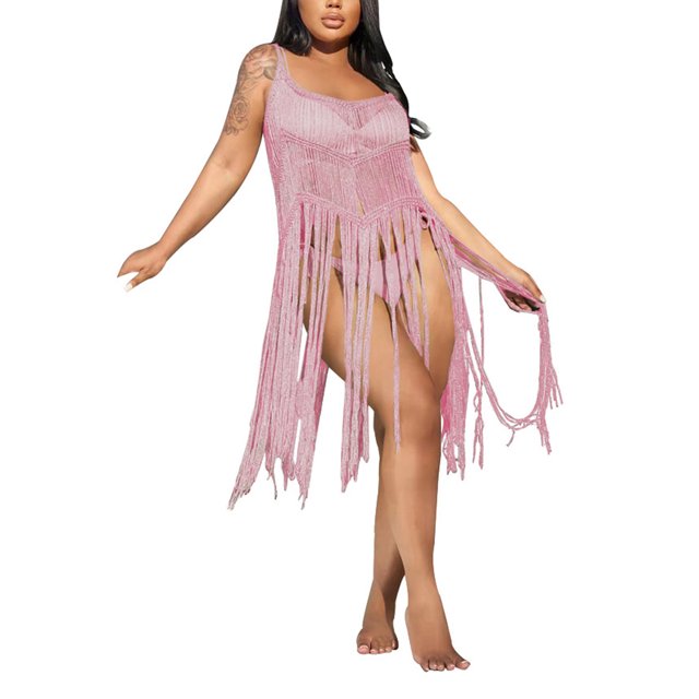 VISgogo Vestido con flecos para mujer, vestidos sin mangas con cuello en U de color sólido, ropa de playa hueca, S/ M/ L/ XL VISgogo moda