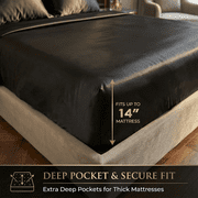 PixelForge Queen Satin Sheet Set, Silky Satin Bed Sheets, Silk-Like Sheets for Hair & Skin, 4 Piece, Black, 14 Deep Pocket