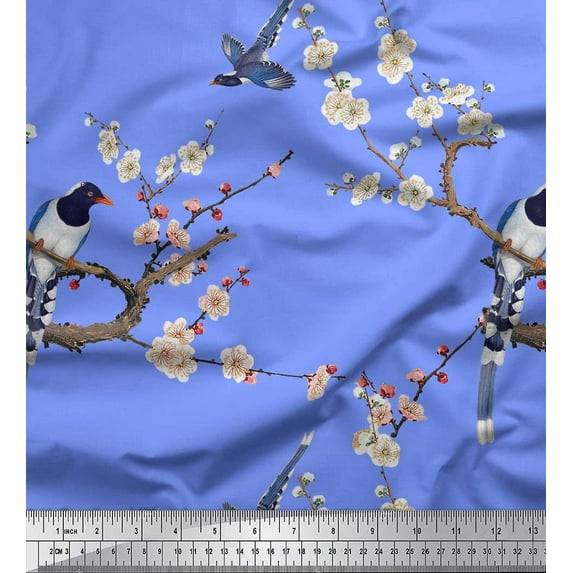 Soimoi Blue Cotton Jersey Fabric Floral & Pin Tailed Whydah Bird Printed Craft Fabric by The Yard 64 Inch Wide