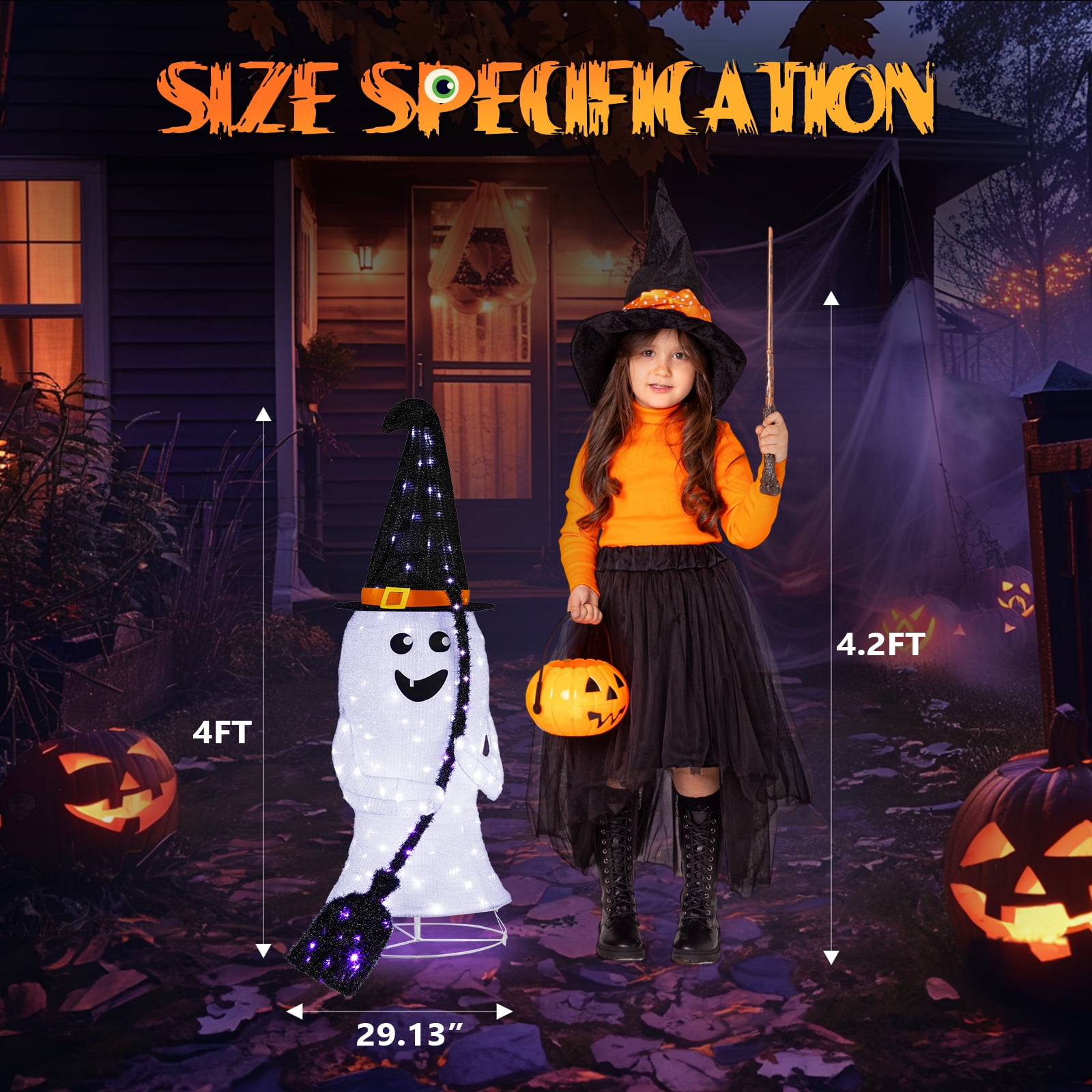4ft Lighted Pop-Up Ghost with 100 LED Lights for Halloween Outdoor Lawn Decor